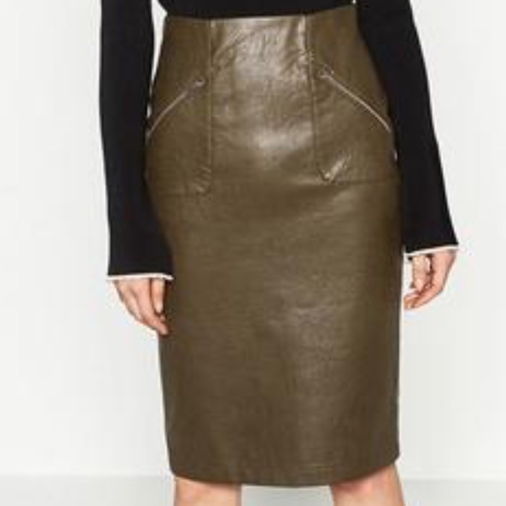 Zara Olive Vegan Leather Skirt.  Size M (NWT)